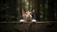 Tabby cat with white paws peering over wooden log in forest setting, looking upward with curious expression and alert eyes among blurred trees.