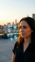 Young Caucasian woman outdoors at sunset with glowing digital icons of ethics, justice, and protection floating beside her against city skyline.