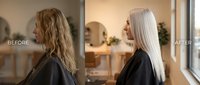 Hair transformation before and after blonde highlights treatment at professional salon showing dramatic color change from natural to platinum.