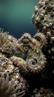 Octopus camouflaged on coral reef with tentacles and suction cups visible among colorful marine life in underwater ocean habitat for educational content.