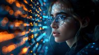 Young Asian woman in glasses looking at glowing data visualization with orange and blue bokeh lights, representing digital transformation and future technology.