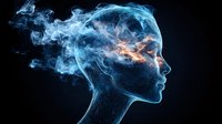 Ethereal female profile formed by glowing blue and orange smoke against black background, depicting consciousness and spiritual awakening concept.