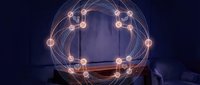 Glowing neon sphere with interconnected nodes and light trails on dark background, representing network, technology, and digital connectivity for web design and innovation concepts.