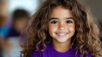 Young mixed race girl with curly brown hair and bright smile wearing purple shirt, radiating joy and confidence against blurred background. For family, education themes.
