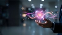 Businessman hand holding glowing neon heart with flowing light waves and particles, symbolizing love, care, and digital connection for healthcare and technology concepts.