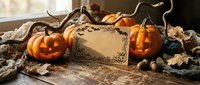 Halloween pumpkins with carved faces and blank vintage card on rustic wooden table with autumn leaves for seasonal greeting design and spooky decorations.