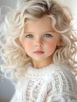 Young girl with flowing platinum blonde curls and striking blue eyes wearing white knitted sweater, captured in soft natural light against neutral background.
