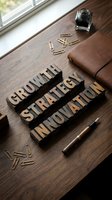 Growth strategy innovation displayed with wooden type blocks on desk with office supplies and leather notebook for business planning concepts.