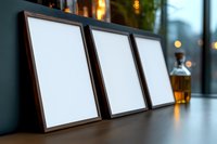 Three empty wooden photo frames leaning against dark wall with glass of whiskey and blurred bokeh lights in background, mockup for artwork display.