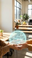 Modern office workspace with two people holding glowing digital globe hologram, representing global connectivity, teamwork, and sustainable business innovation in bright contemporary environment.