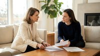 Two professional women discussing documents in modern living room setting. Business meeting at home with paperwork on wooden table between comfortable sofas.