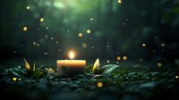 Glowing candle surrounded by green leaves and magical fireflies in dark forest setting creates mystical atmosphere for spiritual and wellness concepts.