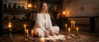 Young blonde Caucasian woman in white clothing practicing meditation with candles and crystals in cozy rustic interior for spiritual wellness and mindfulness.