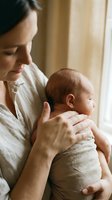 Tender mother holding newborn baby in soft natural light by window. Intimate bonding moment between parent and infant child in cozy home setting for family concepts.