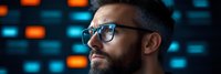 Young man with dark hair and beard wearing eyeglasses, looking at digital interface with blue and orange glowing lights, representing technology, data analysis, and digital innovation.