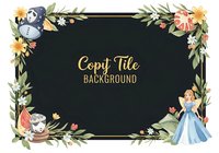 Floral frame with fairy tale characters on dark background for storybook covers, invitations and children's party designs.
