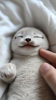 Smiling white cat enjoying gentle chin scratches while lying on soft bedding. Close-up portrait shows pure contentment and relaxation, capturing sweet feline expression.