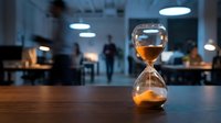 Hourglass with orange sand on wooden desk in modern office environment with blurred business people working in background representing time management and productivity.