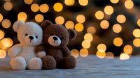 Cute teddy bears couple on blurred golden bokeh lights background. White and brown plush toys sitting together creating romantic mood and atmosphere.