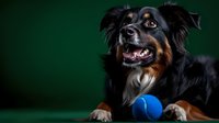 Australian shepherd mix dog with tricolor coat lying down with blue tennis ball against dark green background, dramatic studio lighting highlights facial features.