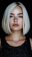 Young Caucasian woman with platinum blonde bob haircut, freckles, and natural makeup wearing sparkly black dress against dark background, looking directly at camera.