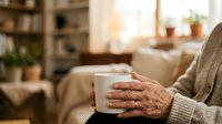 Senior woman with brown skin tone holding warm beverage cup in cozy living room interior, relaxation and comfort concept for home lifestyle and wellness content.