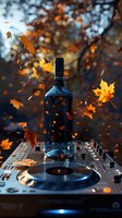 Blue glass bottle on DJ mixer deck surrounded by falling autumn maple leaves creating magical atmosphere with golden bokeh lights in background.