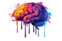Colorful human brain with rainbow paint drips and splashes, representing creativity, intelligence, and cognitive function in psychology and neuroscience.