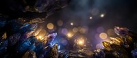 Mystical underground cave with glowing crystals and magical light effects creating ethereal atmosphere for fantasy gaming and digital art projects.
