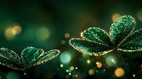 Sparkling green shamrock leaves with glitter and golden bokeh lights on dark background create magical St Patrick's Day atmosphere for festive designs.