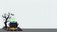 Isolated silhouette of gnarled tree with cauldron, glowing potion, and bat for Halloween designs, clipart, and seasonal graphics.