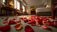 Romantic bedroom interior with red rose petals scattered on floor, luxury hotel suite with elegant furniture and warm lighting for Valentine's Day celebration.