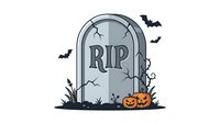 Gravestone with RIP text, cracked surface, flying bats, and carved pumpkins on white background. Isolated clipart for Halloween designs, t-shirts, and seasonal graphics.
