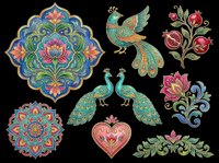 Ornamental peacock and floral design elements isolated on transparent background. Ready for t-shirt design, clipart, stickers, sublimation, print-on-demand products and digital crafts.