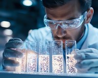 Asian male scientist in protective eyewear examining glowing test tubes in laboratory setting. Dramatic blue lighting highlights research experiment with luminescent samples.