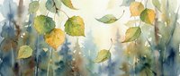 Watercolor autumn leaves falling gently through soft morning light with dreamy bokeh background for seasonal design projects and nature artwork.