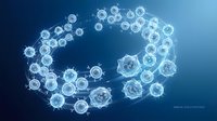 Virus particles floating in blue scientific environment, representing infectious disease, microbiology research, and medical education for healthcare presentations.