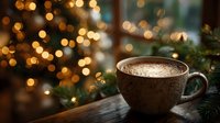 Cozy ceramic mug with hot cocoa topped with marshmallows on wooden table with warm Christmas lights bokeh and evergreen branches creating festive holiday atmosphere.