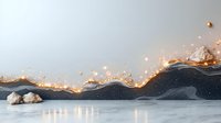Magical winter landscape with glowing golden lights and snow-covered mountains against dark background, creating ethereal atmosphere with sparkles and reflections.