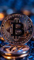 Golden bitcoin coin with black symbol against blurred blue background with bokeh lights, macro photography showing detailed cryptocurrency texture.