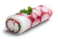 Fresh surimi crab stick roll with parsley garnish on white background, close up view of Japanese seafood ingredient isolated for culinary design.