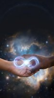 Two hands reaching toward each other with glowing infinity symbol against cosmic starry nebula background representing eternal connection and unity.