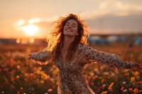 Young woman with flowing hair dancing joyfully in flower field at golden hour sunset, arms outstretched expressing freedom and happiness in warm evening light.