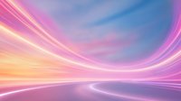 Abstract futuristic tunnel with glowing neon pink and blue light trails creating dynamic motion effect against gradient sky background, suitable for technology concepts.