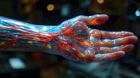 Futuristic transparent hand with glowing red and blue veins showing anatomical structure. Medical visualization concept perfect for healthcare and biotechnology presentations.