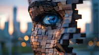 Surreal digital art showing fragmented human face with bright blue eye against urban bokeh background, depicting artificial intelligence and technological transformation.