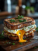 Grilled sandwich with melted cheese, ham and runny fried egg on rustic sourdough bread, garnished with fresh herbs. Golden yolk dripping dramatically on wooden surface.