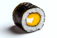 Single mango sushi roll with white rice and nori seaweed wrapper on white background, close-up view showing vibrant yellow fruit center.