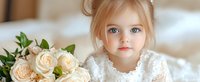 Young girl in white lace dress with blue eyes and blonde hair poses next to elegant bouquet of fresh cream roses and greenery in soft natural light.