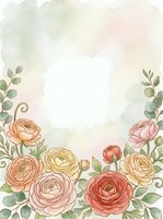 Watercolor floral frame with ranunculus flowers and eucalyptus leaves on soft pastel background for wedding invitations and romantic designs.